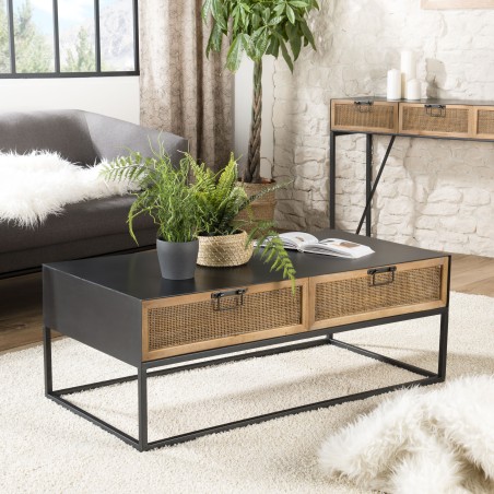 DORIA Rectangular Black Metal Coffee Table with 2 Natural Cane Drawers