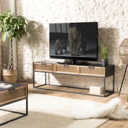 DORIA Black Metal TV Stand with 3 Natural Cane Drawers