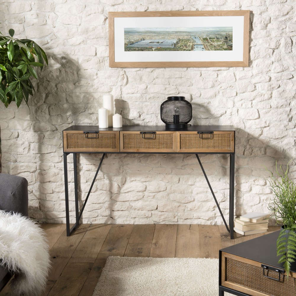 DORIA Black Metal Console Table with 3 Drawers and Natural Cane Finish DORIA Black Metal Console Table with 3 Drawers and Natural Cane Finish