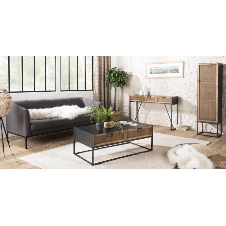 DORIA Black Metal Console Table with 3 Drawers and Natural Cane Finish
