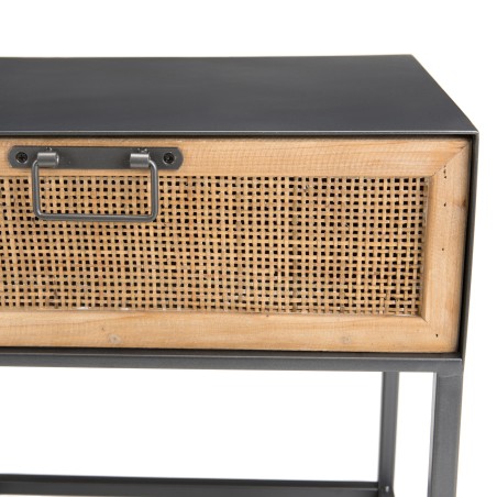 DORIA - Black Metal Bedside Table with Natural Cane Drawer