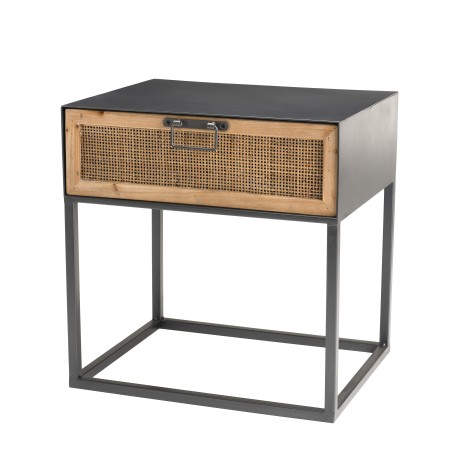 DORIA - Black Metal Bedside Table with Natural Cane Drawer