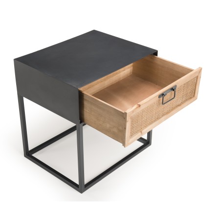 DORIA - Black Metal Bedside Table with Natural Cane Drawer