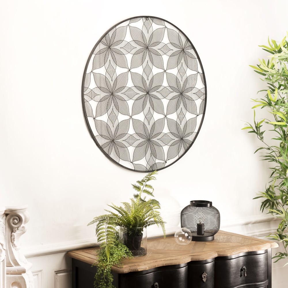 TOD - Round Wall Decoration 90x90cm Black Metal Flowers