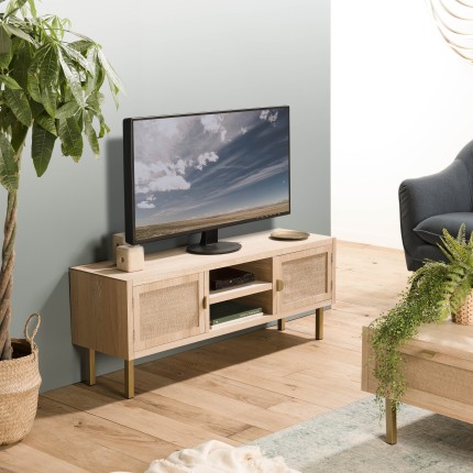 Meuble TV LAURA - Bois clair et toile de jute