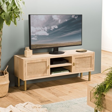 Meuble TV LAURA - Bois clair et toile de jute
