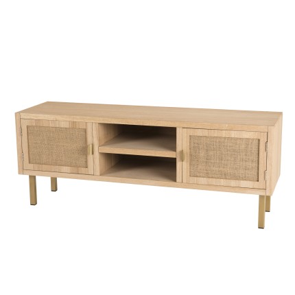 ALINE TV Stand - 2 Shelves, 2 Doors, Jute Fabric, Gold Metal Legs