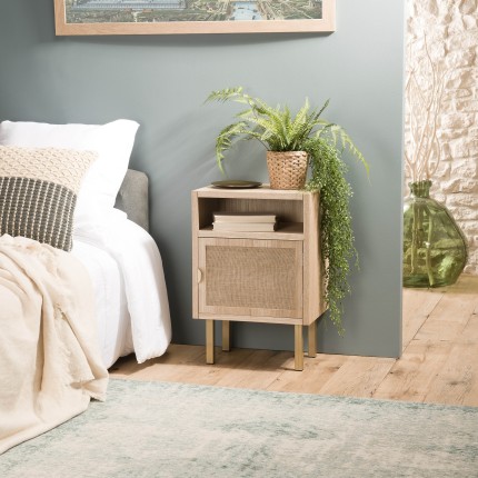 LAURA Bedside Table - Jute Fabric & Gold Metal Legs