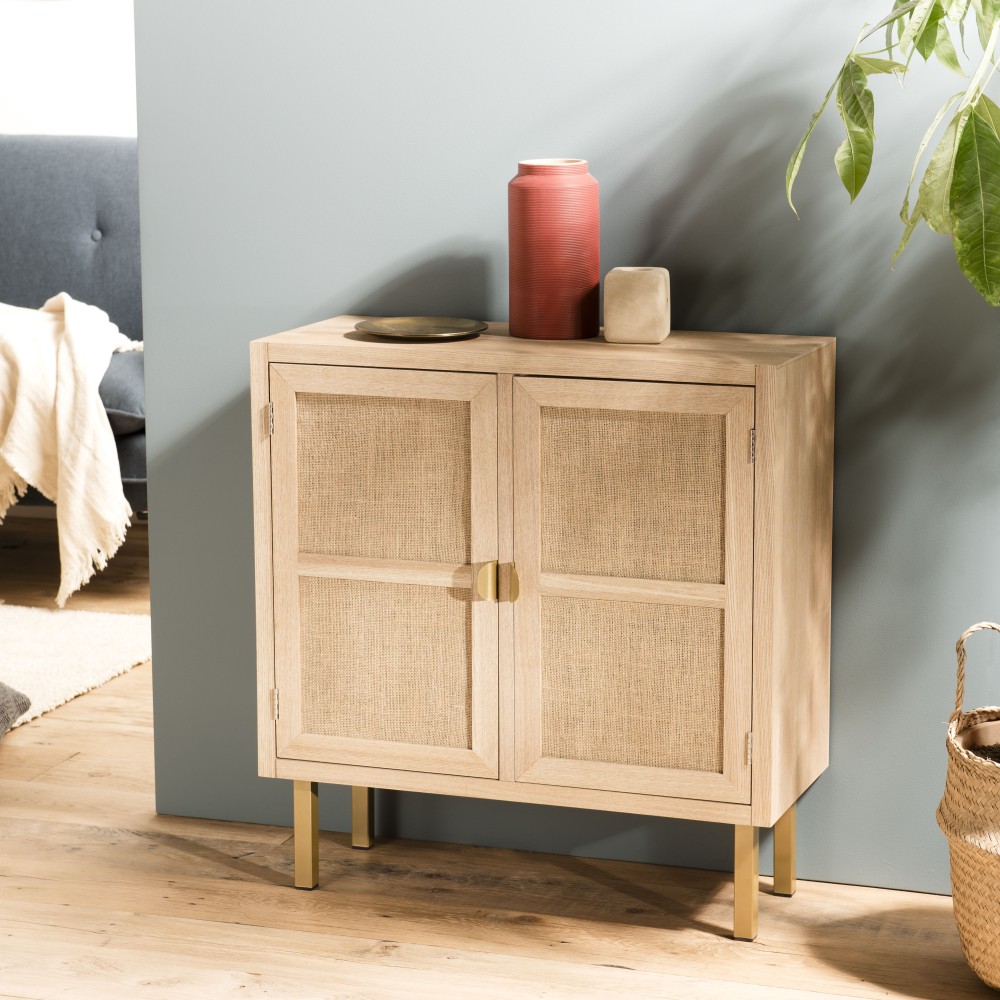 LAURA Sideboard - 2 Doors Jute Fabric Gold Metal Legs LAURA Sideboard - 2 Doors Jute Fabric Gold Metal Legs