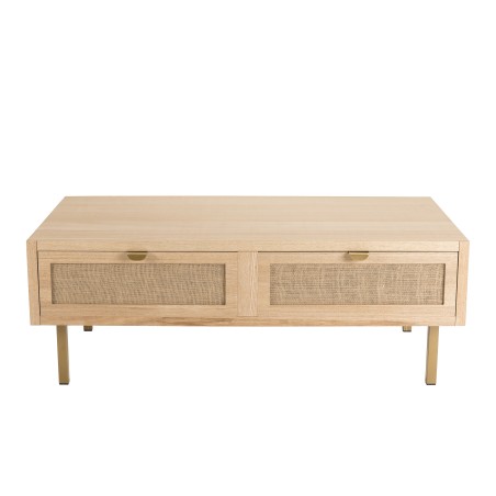 LAURA Coffee Table with 2 Drawers - Jute Fabric and Gold Metal Legs