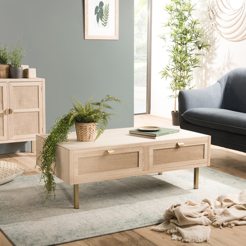 LAURA Coffee Table with 2 Drawers - Jute Fabric and Gold Metal Legs LAURA Coffee Table with 2 Drawers - Jute Fabric and Gold Metal Legs