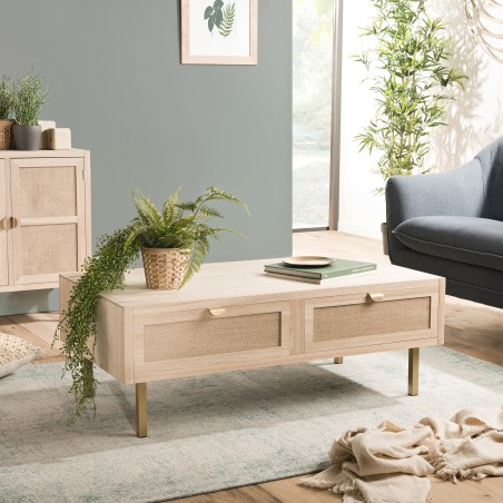 LAURA Coffee Table with 2 Drawers - Jute Fabric and Gold Metal Legs