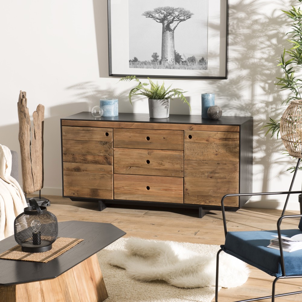 DANDY Sideboard - Natural and Black Recycled Pine - 2 Doors 3 Drawers DANDY Sideboard - Natural and Black Recycled Pine - 2 Doors 3 Drawers