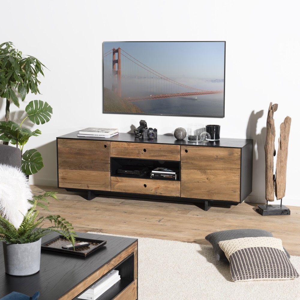 Meuble TV DANDY en pin recyclé naturel et noir