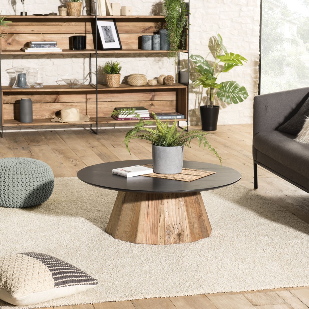 DANDY Round Coffee Table 90x90cm - Recycled Pine with Black Top DANDY Round Coffee Table 90x90cm - Recycled Pine with Black Top