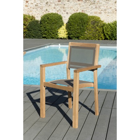 Salon de jardin en bois teck 6/8 pers - Table 220*100 cm et 6 fauteuils taupe
