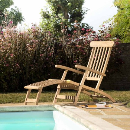 Chaise longue de jardin en bois teck brut FUN