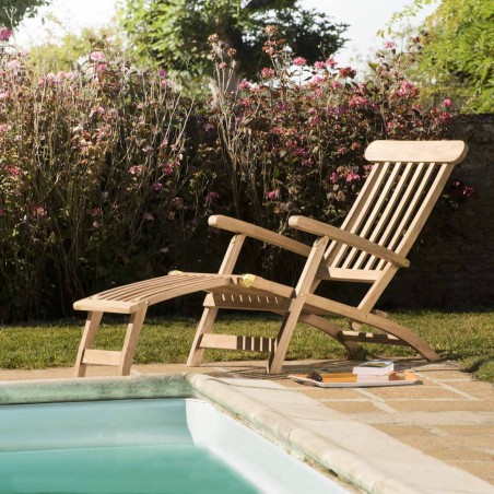 Chaise longue de jardin en bois teck brut FUN