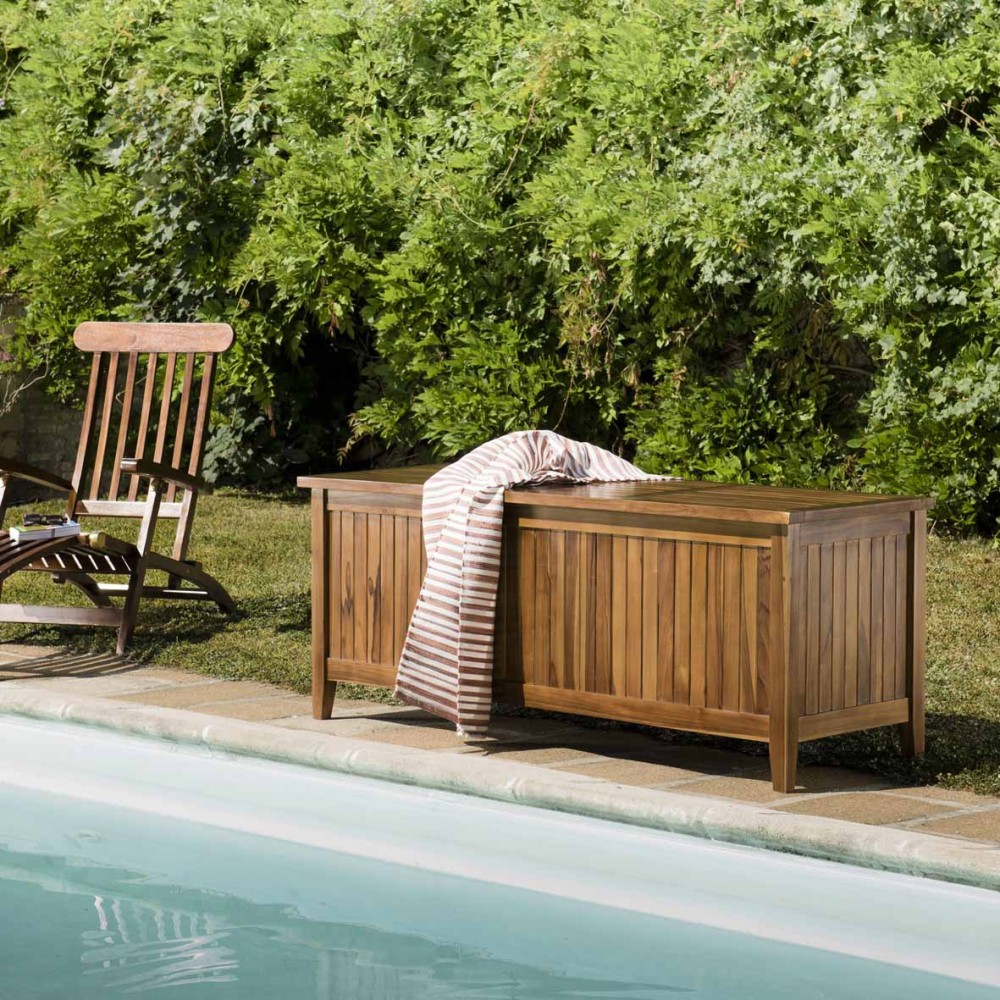 Coffre de jardin piscine en bois teck huilé MAEVA 165x55cm Coffre de jardin piscine en bois teck huilé MAEVA 165x55cm