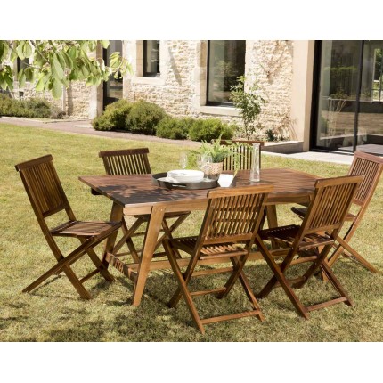 MAEVA - Teak Wood Garden Set - 1 Rectangular Table 180/240*100 cm & 6 Chairs
