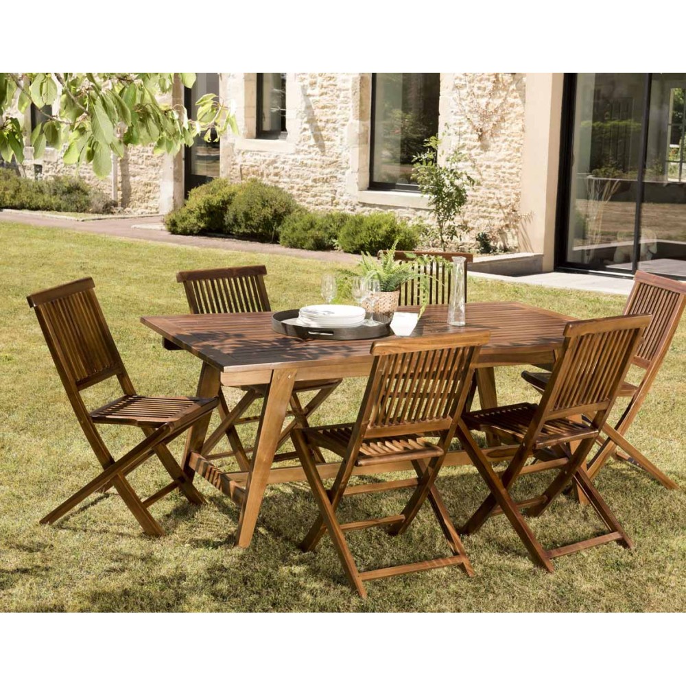 MAEVA - Teak Wood Garden Set - 1 Rectangular Table 180/240*100 cm & 6 Chairs