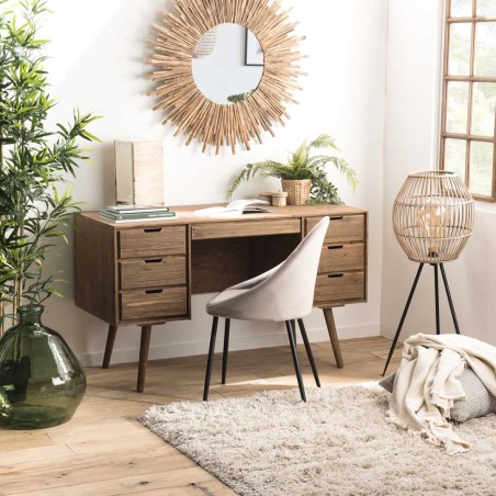 ANDY - Brown Wood Scandi Desk with 6 Drawers, Pine