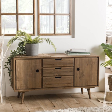 ANDY Brown Wood Scandi Sideboard - 2 Doors, 3 Drawers - Pine