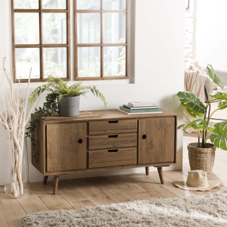 ANDY Brown Wood Scandi Sideboard - 2 Doors, 3 Drawers - Pine