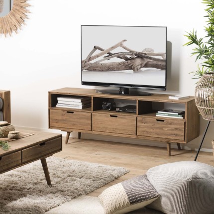 ANDY Brown Wood Scandi TV Stand with 3 Drawers and 3 Niches