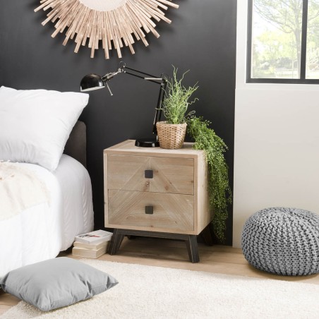 MANDY Beige Scandi Bedside Table with 2 Drawers - Pine