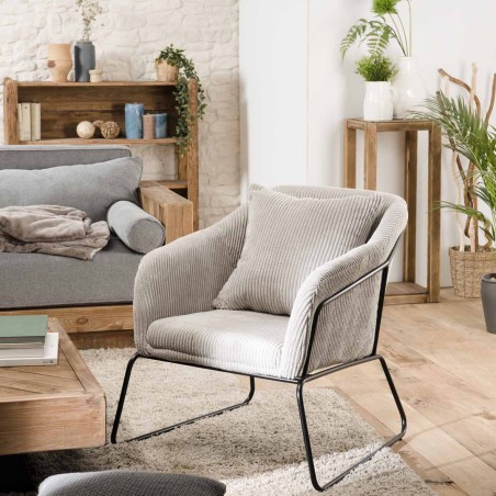 AGATHE - Pearl Grey Corduroy Fabric Armchair with Flared Metal Legs