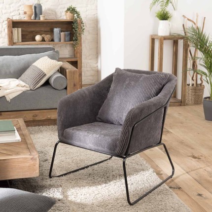 AGATHE Anthracite Grey Corduroy Fabric Armchair - Flared Metal Legs