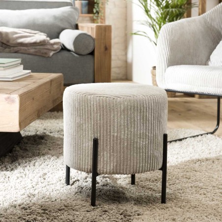 Tabouret rond AGATHE en velours côtelé gris perle
