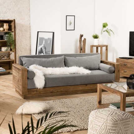 SANDY - 3-Seater Sofa in Brown Recycled Pine with Grey Fabric