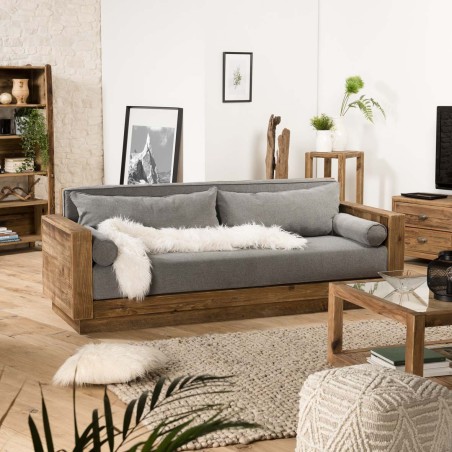 SANDY - 3-Seater Sofa in Brown Recycled Pine with Grey Fabric