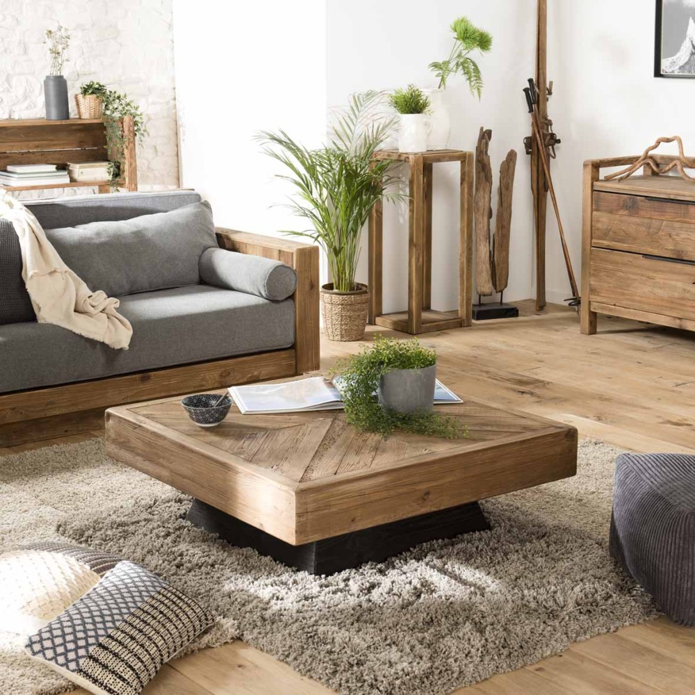 SANDY - Table basse carrée marron 99.5x99.5cm bois Pin recyclé piètement noir