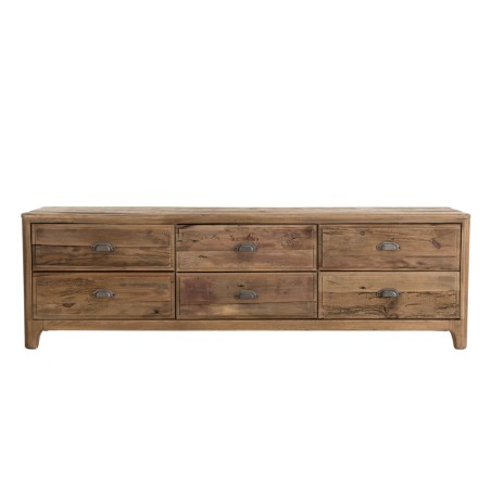 Meuble TV SANDY - Pin recyclé 6 tiroirs marron