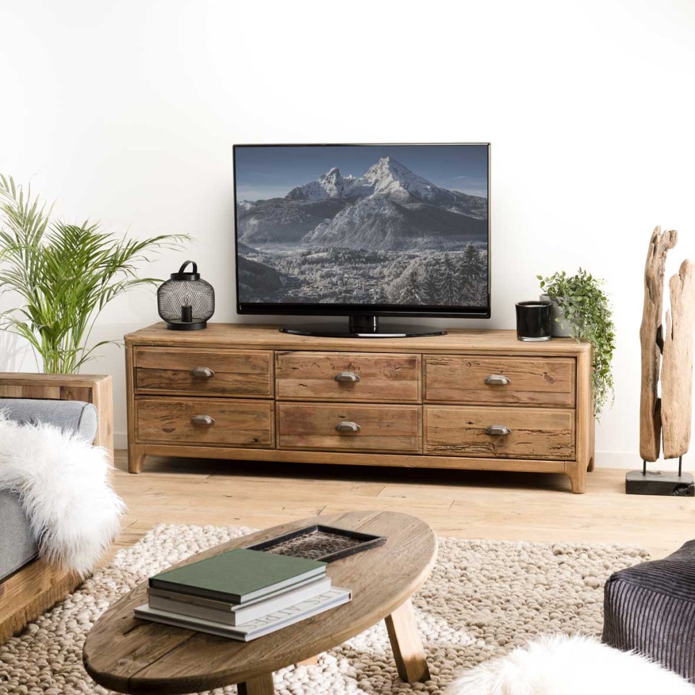 Meuble TV SANDY - Pin recyclé 6 tiroirs marron Meuble TV SANDY - Pin recyclé 6 tiroirs marron