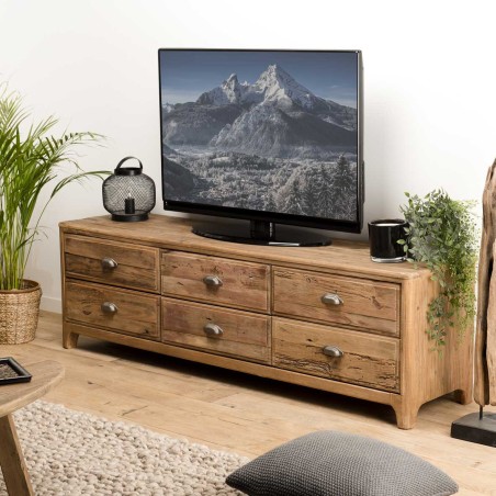 Meuble TV SANDY - Pin recyclé 6 tiroirs marron