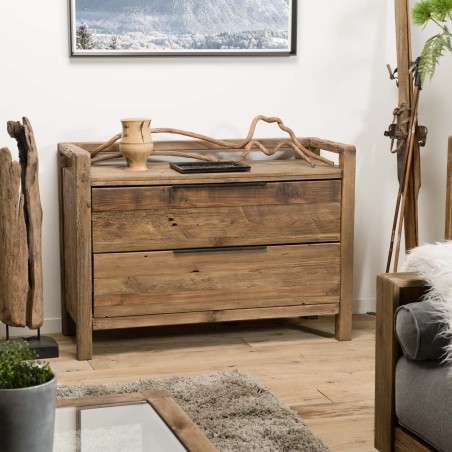 SANDY - Brown Chest of Drawers with 2 Drawers, Recycled Pine Wood