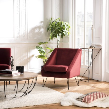 AGATHE - Bordeaux Velvet Armchair with Metal Hairpin Legs