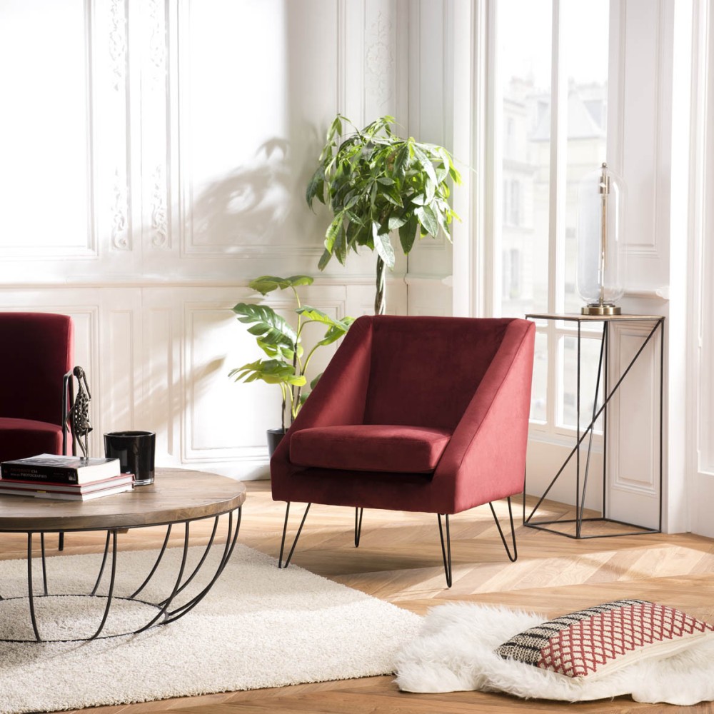 AGATHE - Bordeaux Velvet Armchair with Metal Hairpin Legs