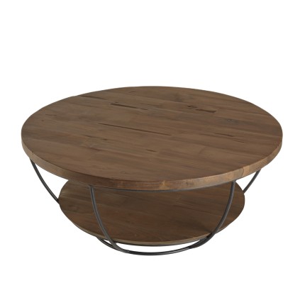 SIXTINE Round Shell Coffee Table 80x80cm Double Top Recycled Teak Black Metal