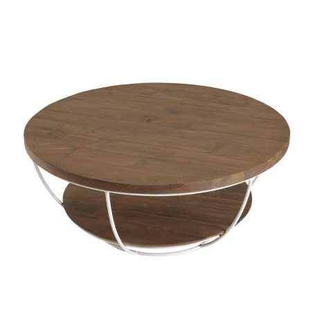 Table basse coque ronde 80x80cm teck recyclé métal blanc
