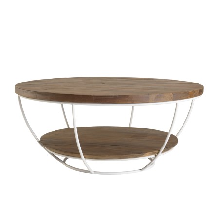 Table basse coque ronde 80x80cm teck recyclé métal blanc