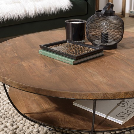 SIXTINE Round Shell Coffee Table 120x120cm Double Top Recycled Teak Black Metal