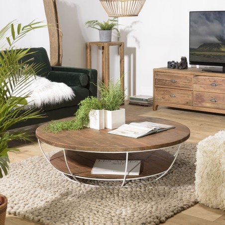 SIXTINE Round Coffee Table 120x120cm Recycled Teak White Metal