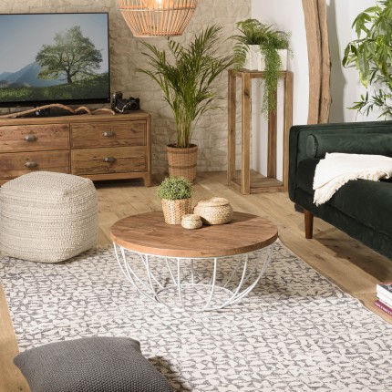 SIXTINE Round Shell Coffee Table 80x80cm - Recycled Teak Top with White Metal Legs