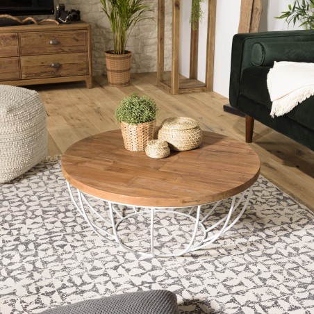 Table basse ronde SIXTINE 80x80cm teck recyclé métal blanc