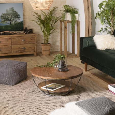 SIXTINE Round Shell Coffee Table 80x80cm Double Top Recycled Teak Black Metal